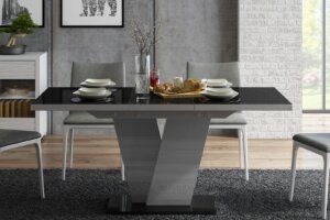 Designerski stół rozkładany niko w połysku z czarnym blatem i białą nogą
