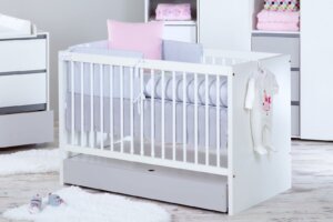 Biało-szare łóżeczko dla niemowlaka z szufladą dalia 120×60