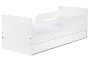 Białe łóżko dla dziecka z szufladą i barierkami timo 160×70